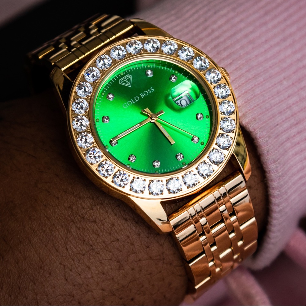 NEW IN BOX 18k Gold Watch with Green CZ Bezel